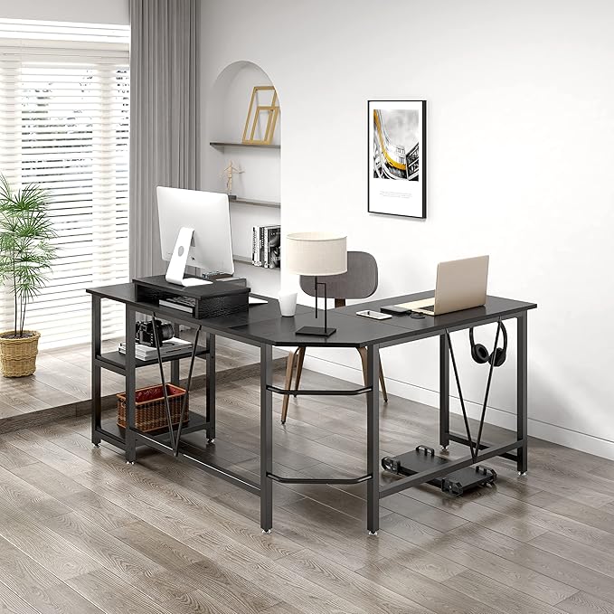 Computer desk, L-shaped Corner Desk with 2-Layer Storage,Large PC Laptop Table with Monitor Stand and CPU Stand,Gaming Desk Writing Table for Office Home (Black Carbon Fiber) - LeafyLoom
