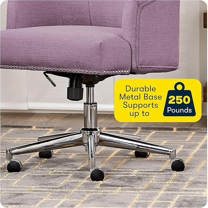 Serta Leighton Modern Office Chair, Stylish Mid-Back Desk Chair, Rivet Detail, Serta Quality Memory Foam, Armchair with Wheels, Vanity Chair, Swivel Chrome Metal Base, Twill Fabric, Lilac Purple - LeafyLoom