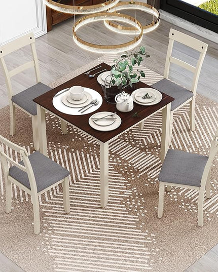 RITSU 5 Piece Set Industrial Wooden 4 Chairs, with High-density Foam Burlap Upholstered Cushions for Dining, Living Room, and Kitchen, Easy to Assemble, Dinning table for 5, Brown+cottage White - LeafyLoom