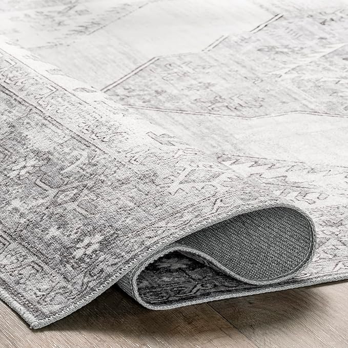 nuLOOM Gracie Distressed Medallion Machine Washable Ultra Thin Area Rug, 4x6, Grey - LeafyLoom
