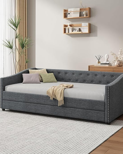 Twin Size Upholstered Daybed with Twin Size Trundle,Wood Sofa Bed Frame W/Button Tufted Back and Nailhead Decorated Waved Shape Arms,Slat Support,for Bedroom,Living Room,Apartment,Dark Gray - LeafyLoom