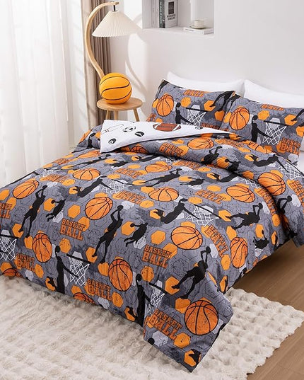 Btargot 3 Piece Grey Geometric Basketball Comforter Set Full for Boys Teens, 3D Sports Bedding,Soft Microfiber Reversible Quilt with 2 Matching Pillow Shams, Yellow - LeafyLoom
