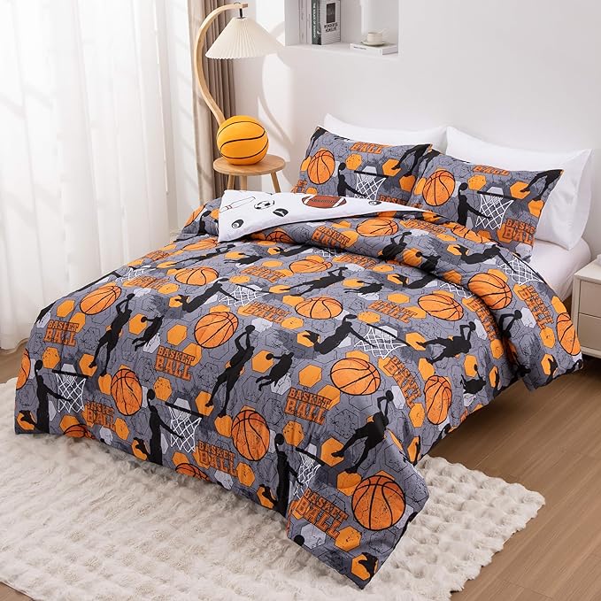 Btargot 3 Piece Grey Geometric Basketball Comforter Set Twin for Boys Teens, 3D Sports Bedding,Soft Microfiber Reversible Quilt with 2 Matching Pillow Shams, Yellow - LeafyLoom
