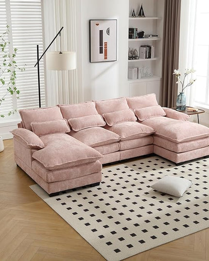 6 Seater Overstuffed Modular Sectional Sofa Cloud Couch with Double Chaise Lounge, U Shaped Chenille Upholstered Leisure Sofa&Couches with Memory Foam and Waist Pillows for Living Room Office - LeafyLoom