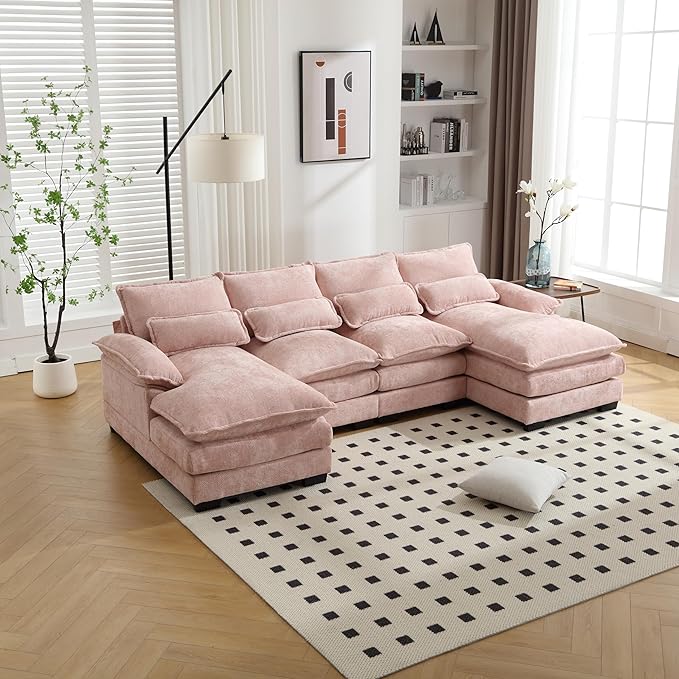 6 Seater Overstuffed Modular Sectional Sofa Cloud Couch with Double Chaise Lounge, U Shaped Chenille Upholstered Leisure Sofa&Couches with Memory Foam and Waist Pillows for Living Room Office - LeafyLoom