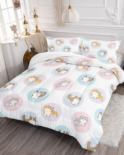 Datura home White Kawaii Cat Comter Bedding Set Girls Kitten White Print Cute Animal Pattern Bedding Set with 1 Comter and 2 Pillowcases Girls Bedroom All Season(Cat White), Queen 90x90inches - LeafyLoom