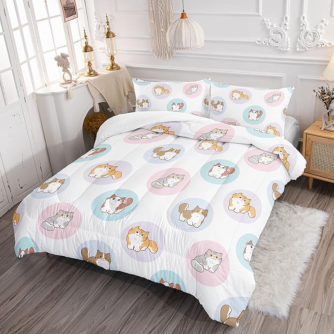 Datura home White Kawaii Cat Comforter Bedding Set for Girls Kitten White Print Cute Animal Pattern Bedding Set with 1 Comforter and 2 Pillowcases for Girls Bedroom All Season(Cat White Twin) - LeafyLoom