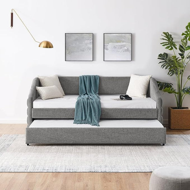 Twin Size Linen Upholstered Daybed with Trundle, Solid Wooden Bedframe w/Pull Out Bed and Tufted Decorate, No Box Spring Needed, for Kids, Bedroom, Dorm, Grey-1 - LeafyLoom