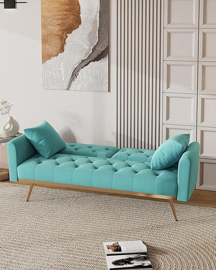 Velvet Upholstered Modern Convertible Futon Couch Bed, Adjustable Folding Sofa Bed Recliner Lounge Loveseat Daybed Sofacama with Adjustable Backrest and Golden Legs for Small RV Living Room Office - LeafyLoom