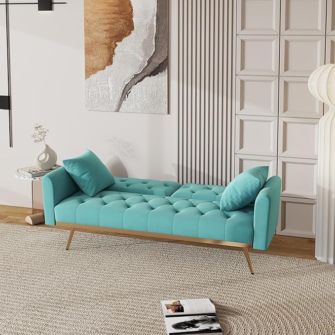 Velvet Upholstered Modern Convertible Futon Couch Bed, Adjustable Folding Sofa Bed Recliner Lounge Loveseat Daybed Sofacama with Adjustable Backrest and Golden Legs for Small RV Living Room Office - LeafyLoom