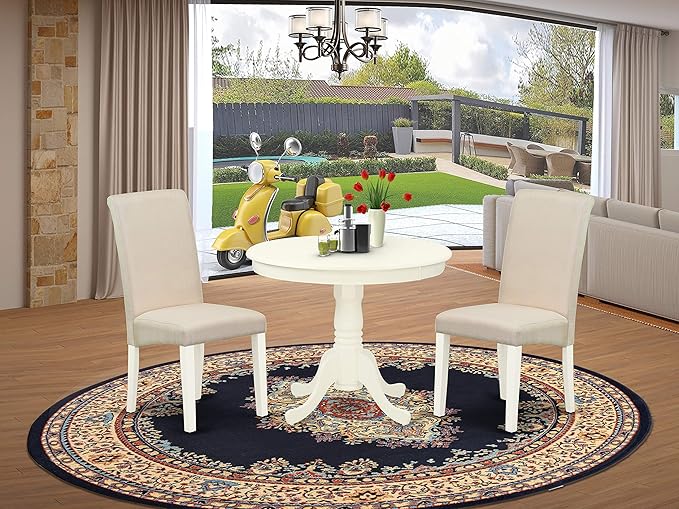 East West Furniture ANBA3-LWH-01 3 Piece Dinette Set for Small Spaces Contains a Round Kitchen Table with Pedestal and 2 Cream Linen Fabric Parson Dining Chairs, 36x36 Inch - LeafyLoom
