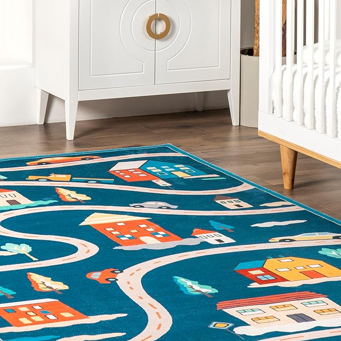 nuLOOM Zita Neighborhood Machine Washable Kids Ultra Thin Area Rug, 7' x 9', Blue Multi - LeafyLoom