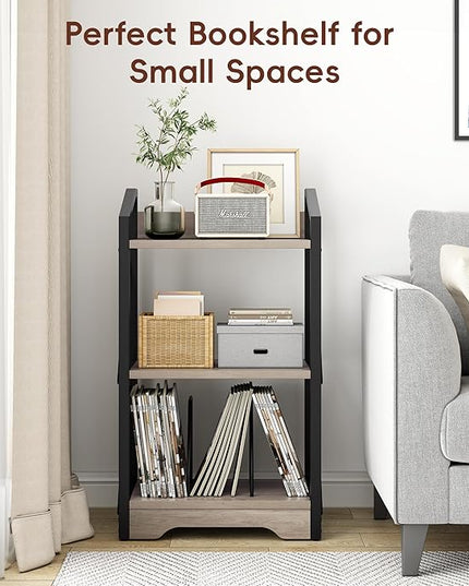 Vagusicc 3 Tier Bookshelf, Small Book Shelf Industrial Bookshelf, Wood Short Book Shelf Office Shelves with Metal Frame, Rustic Open Shelf Storage Organizer Bookcase for Living Room Bedroom, Greige - LeafyLoom