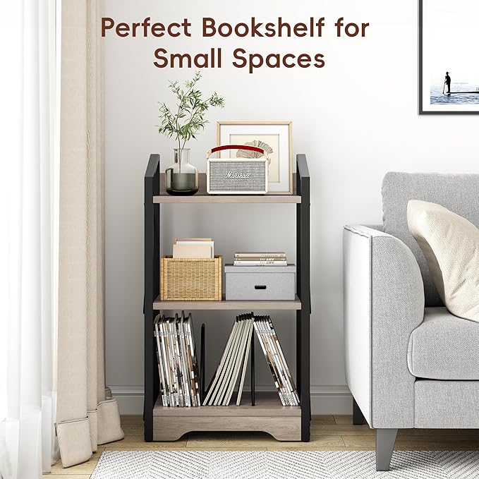 Vagusicc 3 Tier Bookshelf, Small Book Shelf Industrial Bookshelf, Wood Short Book Shelf Office Shelves with Metal Frame, Rustic Open Shelf Storage Organizer Bookcase for Living Room Bedroom, Greige - LeafyLoom