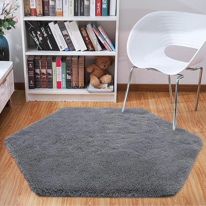 junovo Ultra Soft Rug for Nursery Children Room Baby Room Home Decor Dormitory Hexagon Carpet for Playhouse Princess Tent Kids Play Castle, Diameter 4.6 ft, Grey - LeafyLoom
