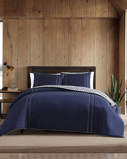Eddie Bauer - King Comforter Set, Reversible Cotton Bedding with Matching Shams, Pre-Washed for Added Softness (Kingston Navy, King) - LeafyLoom
