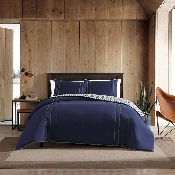 Eddie Bauer - King Comforter Set, Reversible Cotton Bedding with Matching Shams, Pre-Washed for Added Softness (Kingston Navy, King) - LeafyLoom
