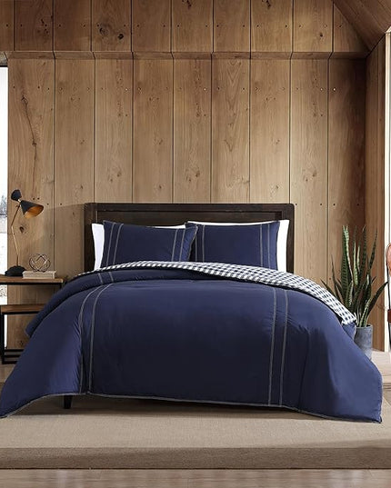 Eddie Bauer - Twin Comforter Set, Reversible Cotton Bedding with Matching Sham, Pre-Washed for Added Softness (Kingston Navy, Twin) - LeafyLoom