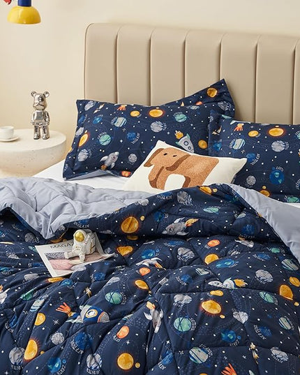 Twin Space Bedding Sets for Boys, 2 Pieces Kids Twin Comforter Sets, Super Soft Lightweight for All Seasons, Includes 1 Comforter (66"x86") and 1 Pillowcase (20"x26"+2") - LeafyLoom