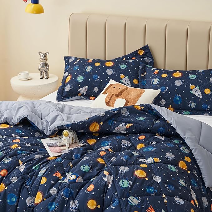 Queen Space Bedding Sets for Boys, 3 Pieces Kids Queen Comforter Sets, Super Soft Lightweight for All Seasons, Includes 1 Comforter (88"x88") and 2 Pillowcase (20"x26"+2") - LeafyLoom