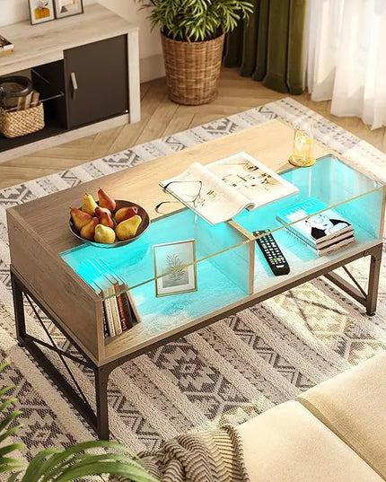 Bestier LED Coffee Tables for Living Room,Wood Center Table with Glass Top Game Night. 42 Inch Room Grey Wash - LeafyLoom