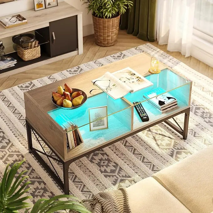 Bestier LED Coffee Tables for Living Room,Wood Center Table with Glass Top Game Night. 42 Inch Room Grey Wash - LeafyLoom