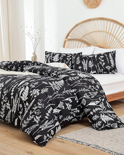 JANZAA Queen,3 PCS Floral Comforter Set with Comforter, Black, Soft Microfiber Bedding Set with 2 Pillow Cases - LeafyLoom