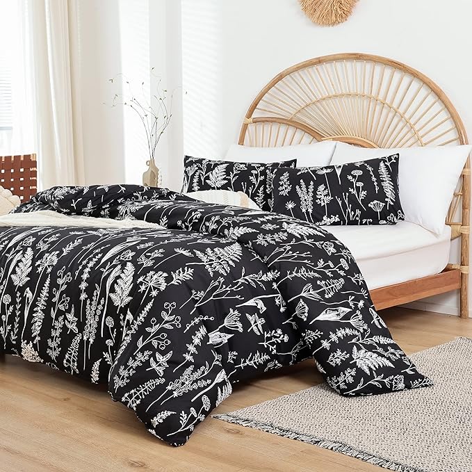 JANZAA Queen,3 PCS Floral Comforter Set with Comforter, Black, Soft Microfiber Bedding Set with 2 Pillow Cases - LeafyLoom
