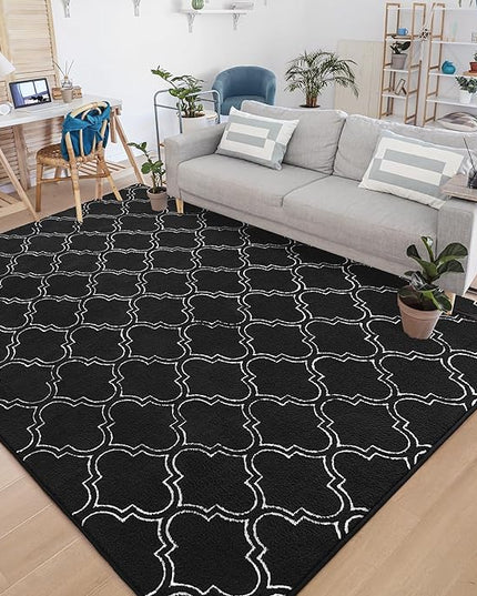 Chicrug Shag Geometric 7x10 Area Rug for Living Room, Large Modern Memory Foam Indoor Carpet, Fluffy Rug for Bedroom Bedside Room Decor for Family Girls Kids Nursery, Black/White - LeafyLoom