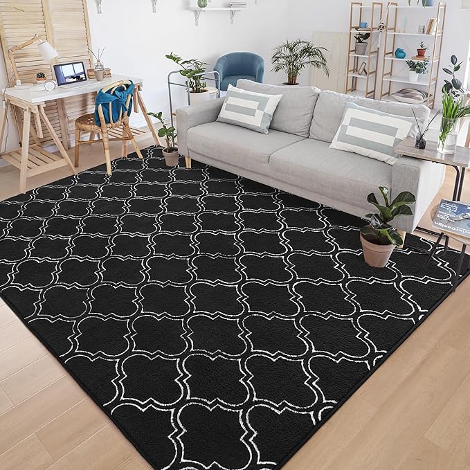 Chicrug Shag Geometric 7x10 Area Rug for Living Room, Large Modern Memory Foam Indoor Carpet, Fluffy Rug for Bedroom Bedside Room Decor for Family Girls Kids Nursery, Black/White - LeafyLoom