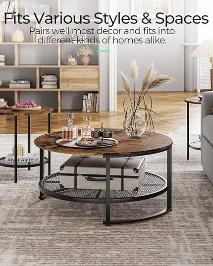 LINSY Home Round Coffee Table Set of 3 for Living Room, Industrial Coffee Table with Open Storage, Rustic Wood Surface Top & Sturdy Metal Legs Large Circle Coffee Table, Brown and Black - LeafyLoom