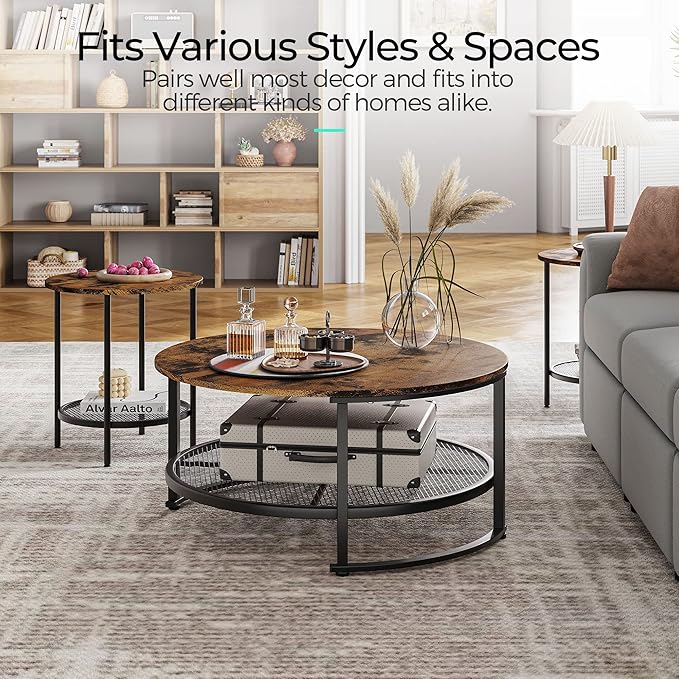 LINSY Home Round Coffee Table Set of 3 for Living Room, Industrial Coffee Table with Open Storage, Rustic Wood Surface Top & Sturdy Metal Legs Large Circle Coffee Table, Brown and Black - LeafyLoom