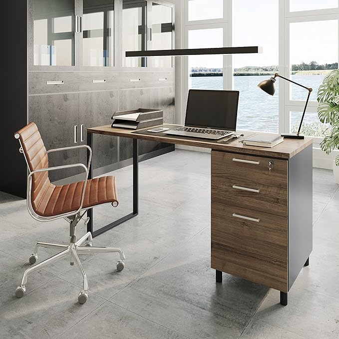 Milano Home Office Desk - 47Inch Cass Walnut/Black Home Office Desk with Drawers - Modern Computer Desk with Storage, Detachable & Lockable Computer Cabinet - Wooden Office, Study, and Writing Table - LeafyLoom