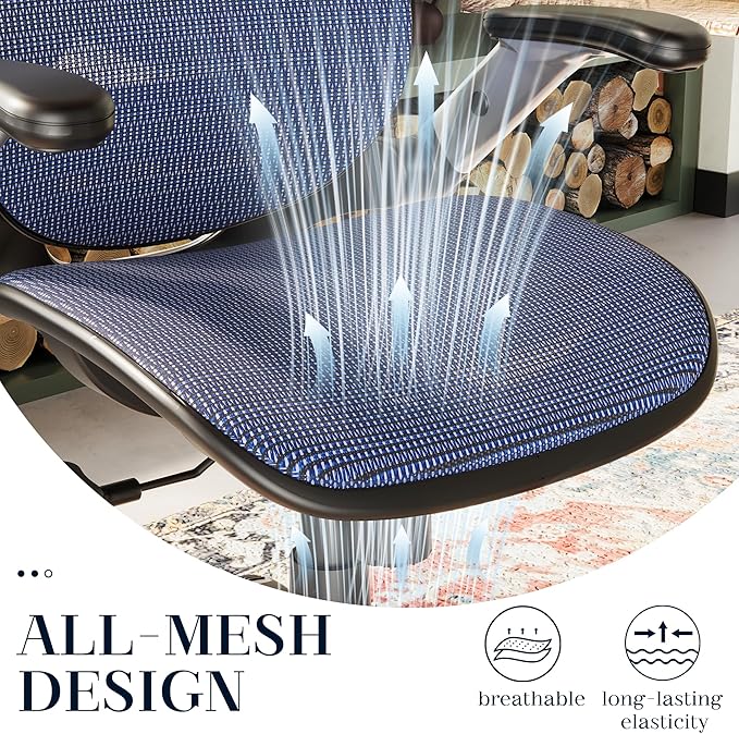 GABRYLLY Ergonomic Office Chair, High Back Mesh Desk Chair with Adjustable Headrest, Flip-Up Arms, 90-120° Tilt Lock, Lumbar Support and Comfy Seat, Swivel Computer Task Chair, Blue - LeafyLoom