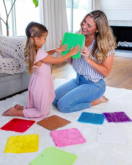 Sensory Mat Set - 9 Square 8.6-Inch Sensory Tiles for Sensory Wall, Floor & More - Mixed Colors & Textures Provide Fun Play-Based Learning for Kids Ages 3-8 - Includes Sensory Maze & Storage Bag - LeafyLoom