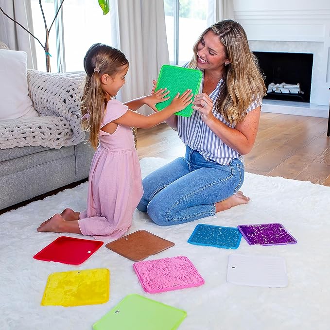 Sensory Mat Set - 9 Square 8.6-Inch Sensory Tiles for Sensory Wall, Floor & More - Mixed Colors & Textures Provide Fun Play-Based Learning for Kids Ages 3-8 - Includes Sensory Maze & Storage Bag - LeafyLoom