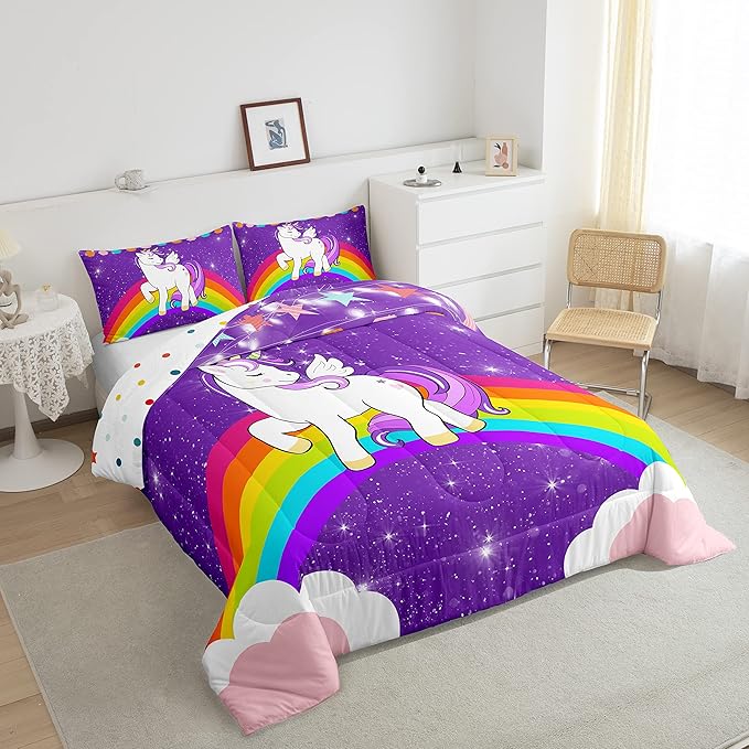 Kids Unicorn Comforter Set Queen Cartoon Rainbow Bedding Set for Girls Children Purple Cute Unicorn Glitter Down Comforter Kawaii Galaxy Stars Fantasy Geometric Room Decor Bedding Comforters & Sets - LeafyLoom