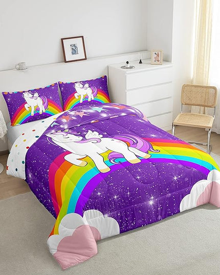 Girls Unicorn Comforter Set Twin Rainbow Bedding Set Cute Unicorn Glitter Down Comforter Kids Cartoon Kawaii Quilt Set Galaxy Stars Fantasy Room Decor Children Girly Unicorn Reversible Purple - LeafyLoom