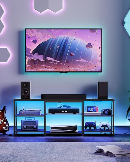 HOOBRO LED TV Stand for 65 Inch TVs with Charging Station, Gaming Entertainment Center with 3-Tier Open Storage, Long Media TV Console Table, TV Stand for Living Room, Bedroom, Black BB20UDDS01 - LeafyLoom