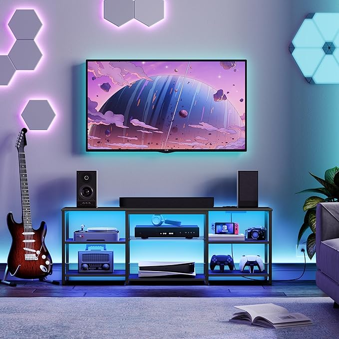 HOOBRO LED TV Stand for 65 Inch TVs with Charging Station, Gaming Entertainment Center with 3-Tier Open Storage, Long Media TV Console Table, TV Stand for Living Room, Bedroom, Black BB20UDDS01 - LeafyLoom