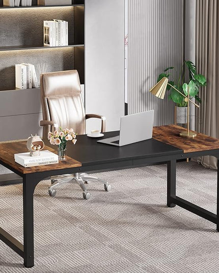 63 Inch Large Executive Computer office desk, Brown+Black - LeafyLoom