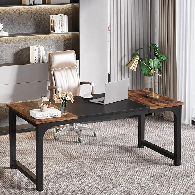 63 Inch Large Executive Computer office desk, Brown+Black - LeafyLoom