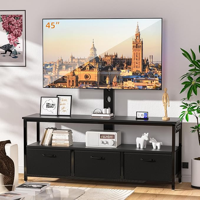 TV Stand with Mount and Power Outlet, Swivel TV Stands Mount with LED Lights for 32/45/55/60/65 inch TVs, Entertainment Center with Storage, Media Console Cabinet for Living Room, Bedroom, Black - LeafyLoom