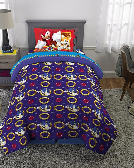 Franco Kids Bedding Super Soft Comforter and Sheet Set, 4 Piece Twin Size, Sonic The Hedgehog, Anime - LeafyLoom