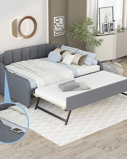 Full Size Daybed Frame with Pop up Trundle,Upholstered Day Bed with Charging Station,Daybed with Trundle Bed Full,Wood Sofa Bed Frame with USB for Bedroom, Living Room,Guest,Office,Full,Gray - LeafyLoom