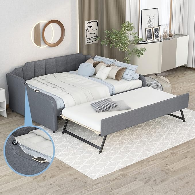 Full Size Daybed Frame with Pop up Trundle,Upholstered Day Bed with Charging Station,Daybed with Trundle Bed Full,Wood Sofa Bed Frame with USB for Bedroom, Living Room,Guest,Office,Full,Gray - LeafyLoom