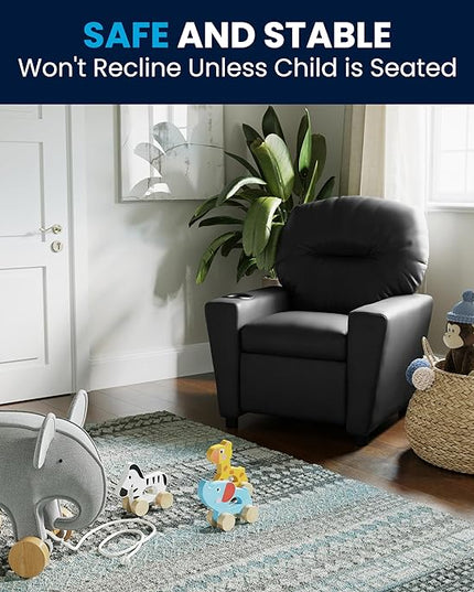 Flash Furniture Chandler LeatherSoft Kids Recliner with Cup Holder and Safety Recline, Contemporary Reclining Chair for Kids, Supports up to 90 lbs., Black - LeafyLoom