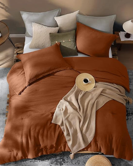 Burnt Orange King Size Comforter Set, Premium Summer King Bedding Set 3 Piece, Crinkle Design King Bed Set with Minimalist Comforter & Shams (King, 102"x90") - LeafyLoom