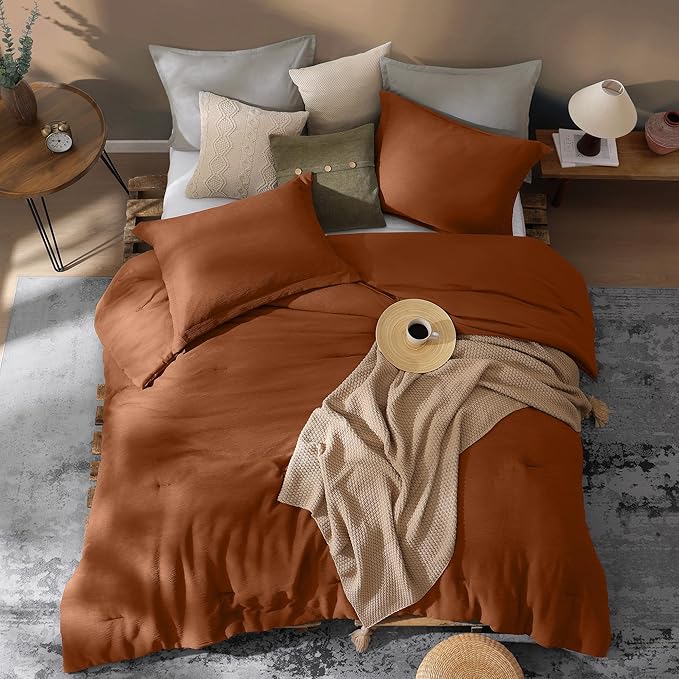 Burnt Orange King Size Comforter Set, Premium Summer King Bedding Set 3 Piece, Crinkle Design King Bed Set with Minimalist Comforter & Shams (King, 102"x90") - LeafyLoom