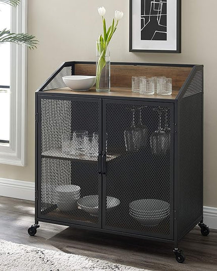 Walker Edison Malcomb Urban Industrial Metal Mesh Double Door Rolling Bar Cabinet, 33 Inch, Rustic Oak - LeafyLoom